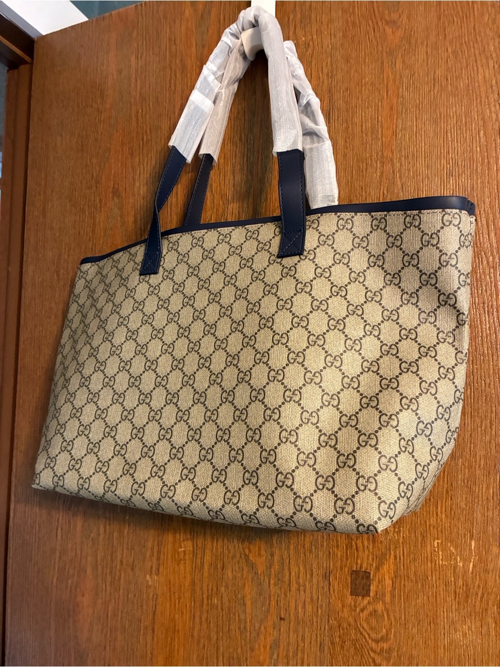 Beige Supreme Canvas Tote with Navy Trim